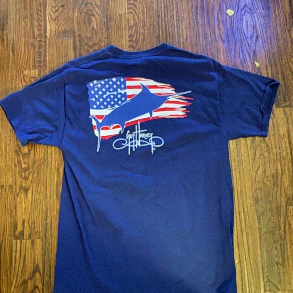 Guy Harvey Men's Blue Graphic Print T-Shirt M Short Sleeve Patriotic: Fishing